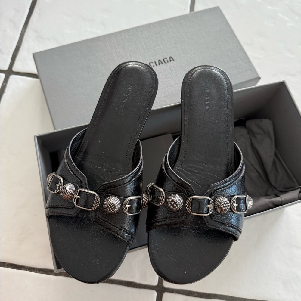 Balenciaga Black Leather Mules with Silver Accents